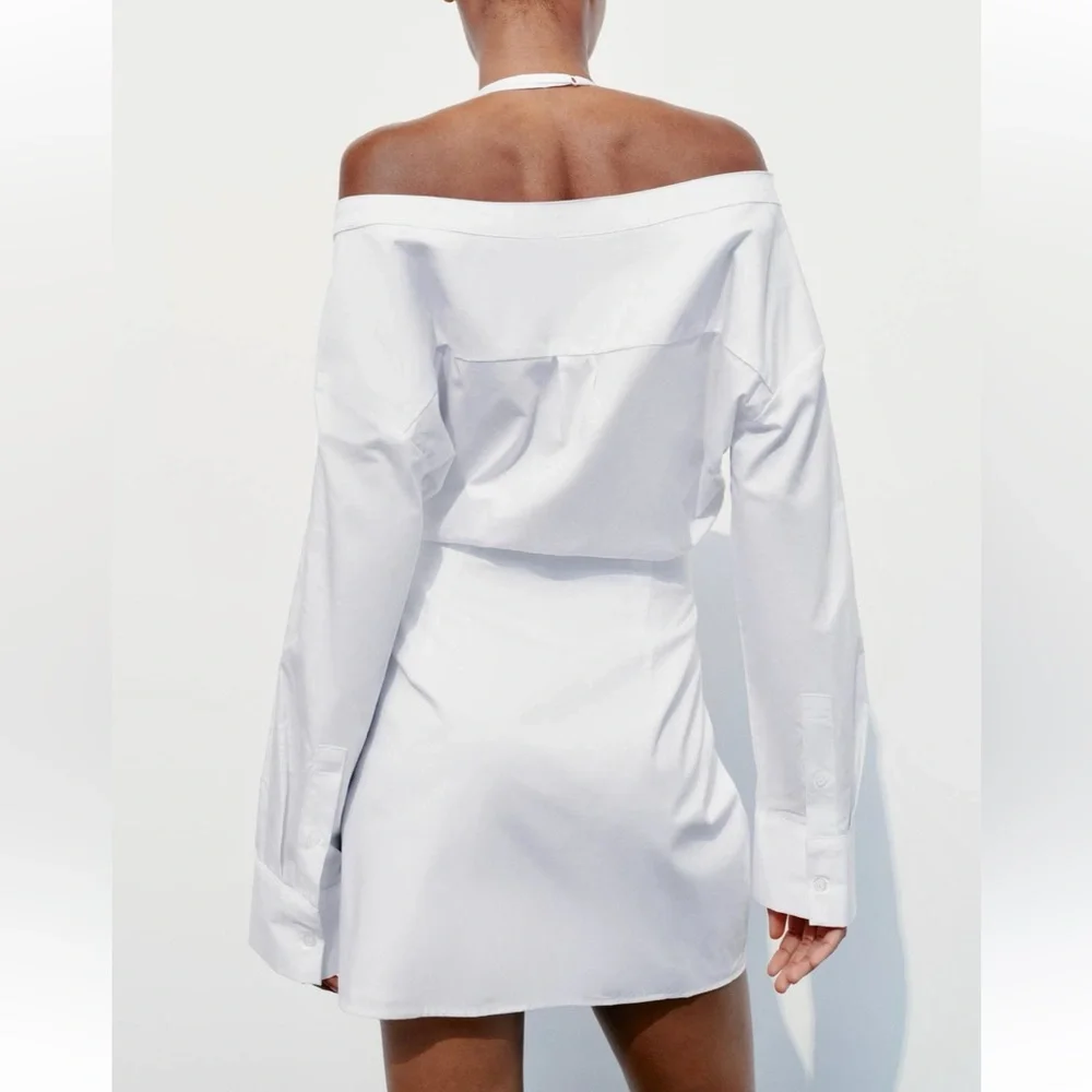 Zara NWT gabardine white off the shoulder button front trench coat shirt dress - Picture 7 of 15